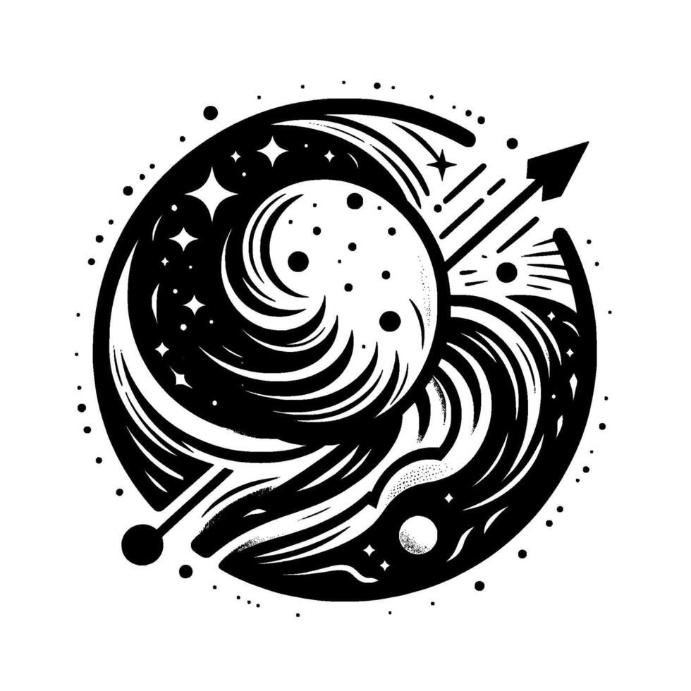 Cosmic Symphony A swirling celestial showcasing a stylized moon, stars, and an arrow, all contained within a circular black and white composition evoking a sense of mystery and movement. vector