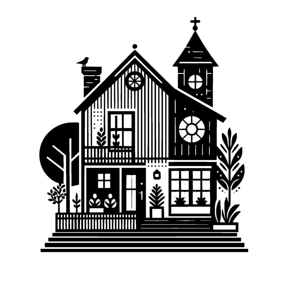 Elegant monochrome illustration depicting a stylized house with architectural details, a small steeple, a bird, and decorative landscaping. vector