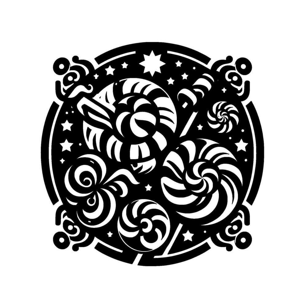 Ornate black and white circular featuring stylized lollipops, stars, and decorative swirls, evoking a playful and whimsical vibe. vector