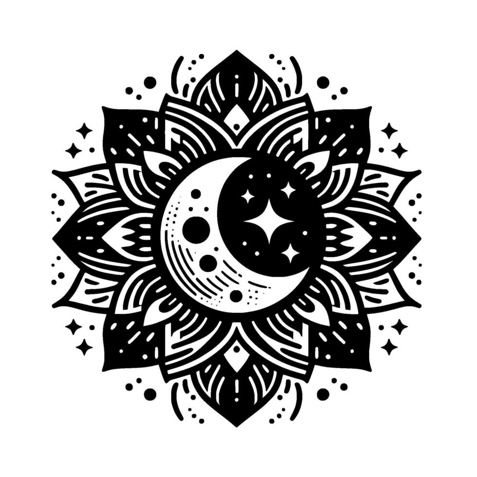 Intricate black and white mandala with a crescent moon and stars central , radiating outwards with detailed floral and dot patterns. vector