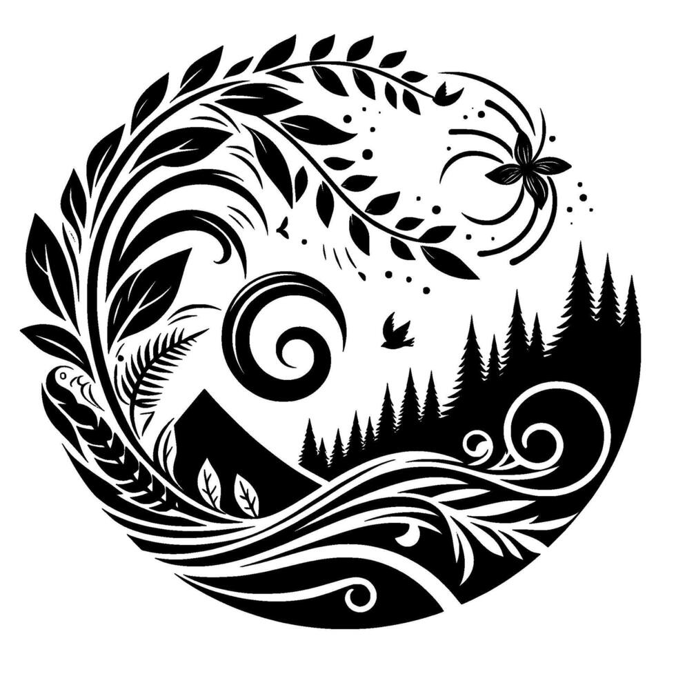 A symmetrical YinYang inspired artwork blending natures elements mountains, forests, leaves, and flowing water, all in a harmonious black and white . vector