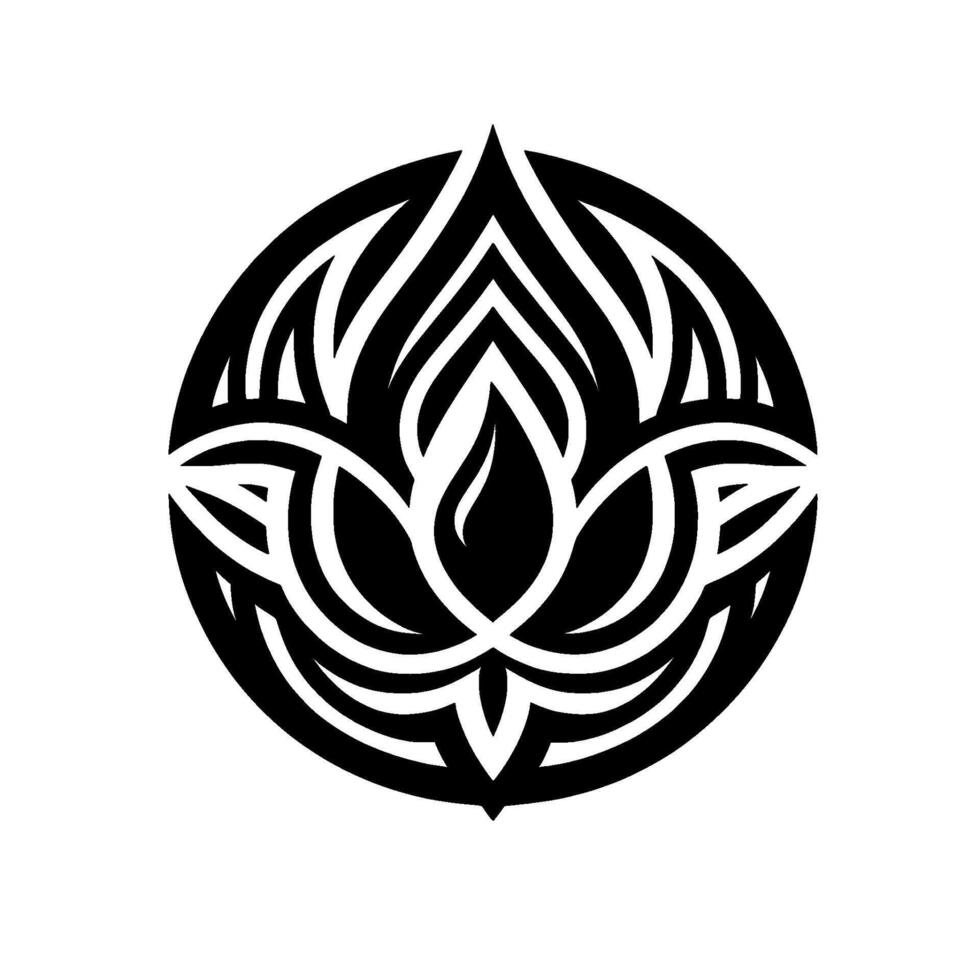 A symmetrical black and white lotus flower , enclosed in a circle, symbolizing purity and enlightenment. The stylized petals form a layered, organic composition against a clean white background. vector