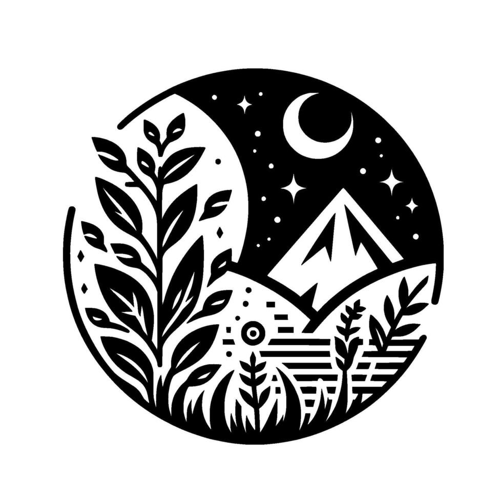 A monochrome circular emblem depicting a mountain landscape under a starry night sky, with foliage and a crescent moon, symbolizing natures tranquility. vector