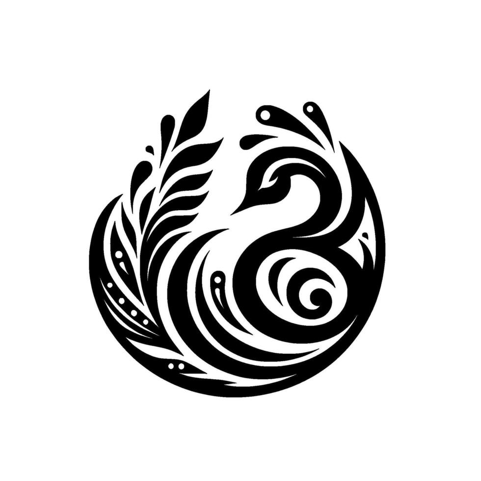 Intricate Black Swan Crest Elegant Silhouette Composed of Curvilinear Forms, Leaves, and Ornamental Accents against White, Minimalist . vector