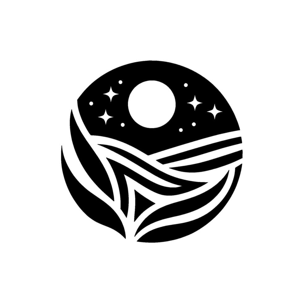 A minimalist monochrome emblem showing a stylized landscape within a circle, featuring stars, moon, waves, and leaflike elements, evokes serenity. vector