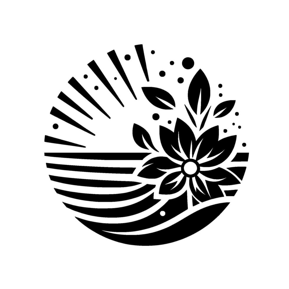 A stylized black and white floral , enclosed within a circle, featuring a blooming flower, leaves, rays, and layered waves, set against a clean white background. vector
