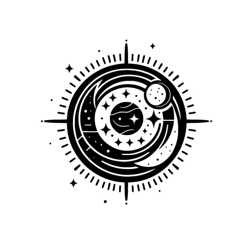 Black and White Celestial Emblem Intricate featuring a moon, planets, stars, and radial elements, creating a mystical aesthetic on white background. vector