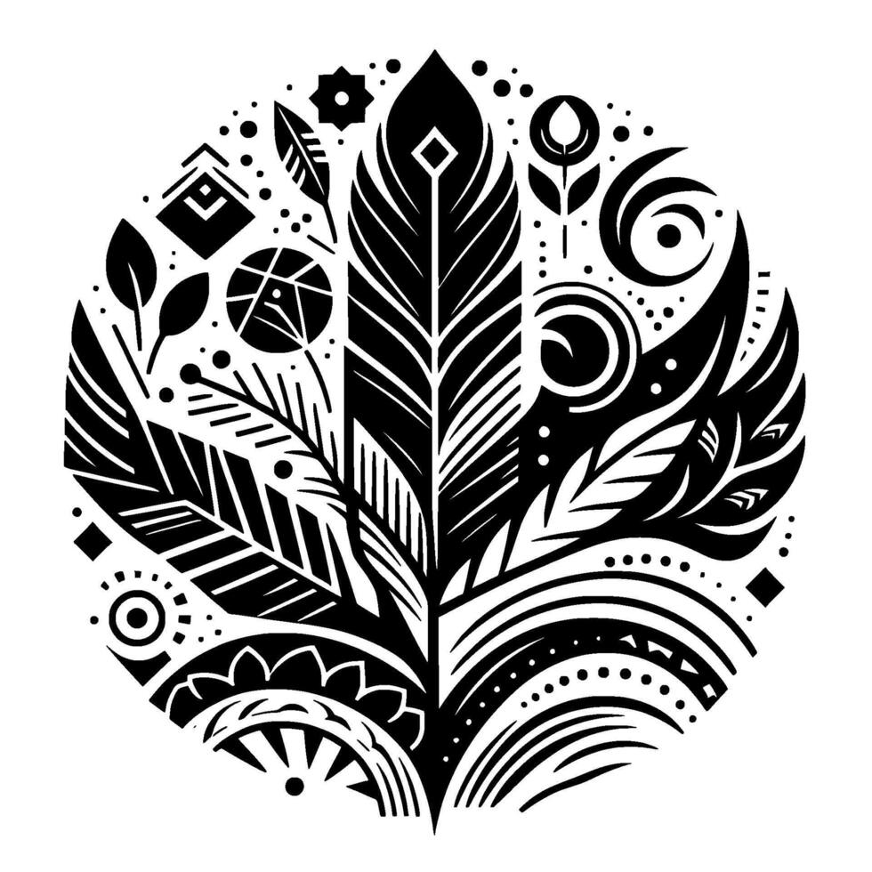 Geometric black and white circular featuring a central feather and stylized leaf elements, evoking nature, art, and indigenous inspiration. vector
