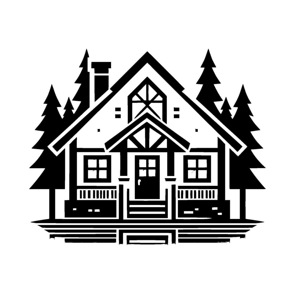 Black and White Geometric Illustration of a Cabin Nestled Amongst Evergreen Trees, With a Tranquil Reflective Base, Exuding Serenity. vector