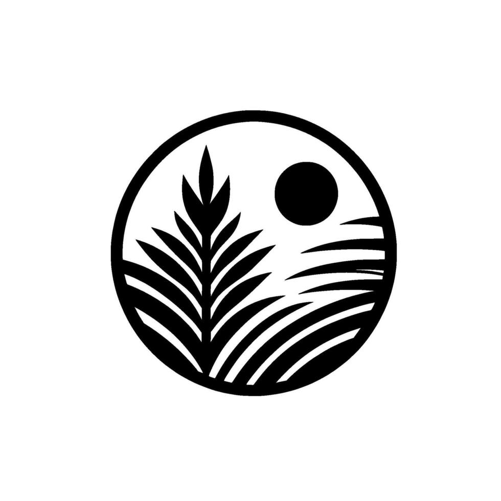Minimalist Black and White Circular Depicting Palm Leaf, Sun, and Serene Landscape Elements within a Decorative Circle, Reflecting Simplicity. vector
