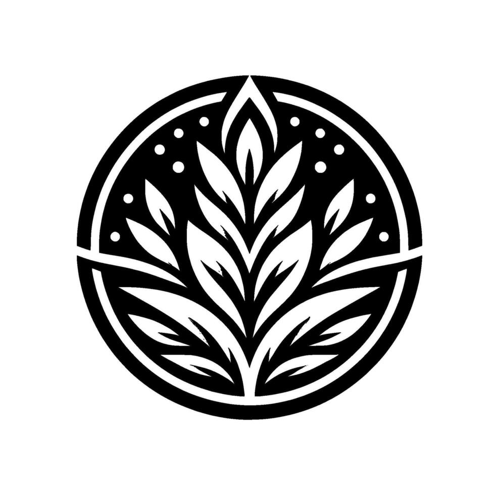 Elegant Black and White Circular Featuring Stylized Leaves, Decorative Dots, and Modern Geometric . vector