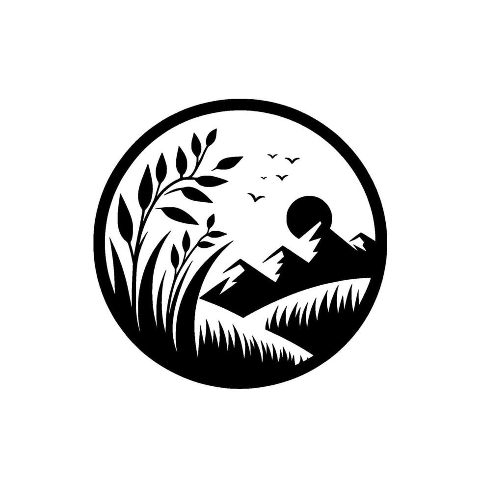 A minimalist black and white circular illustration of a natural landscape featuring mountains, grass, foliage, birds, and the sun. vector