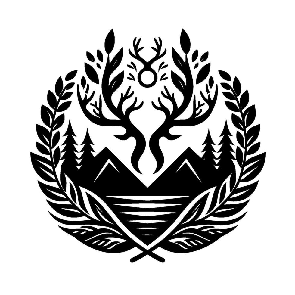 A symmetrical, minimalist, black and white natureinspired emblem featuring a stylized deer silhouette, mountains, fir trees, a lake, leaves, and a laurel wreath on a clean white background. vector