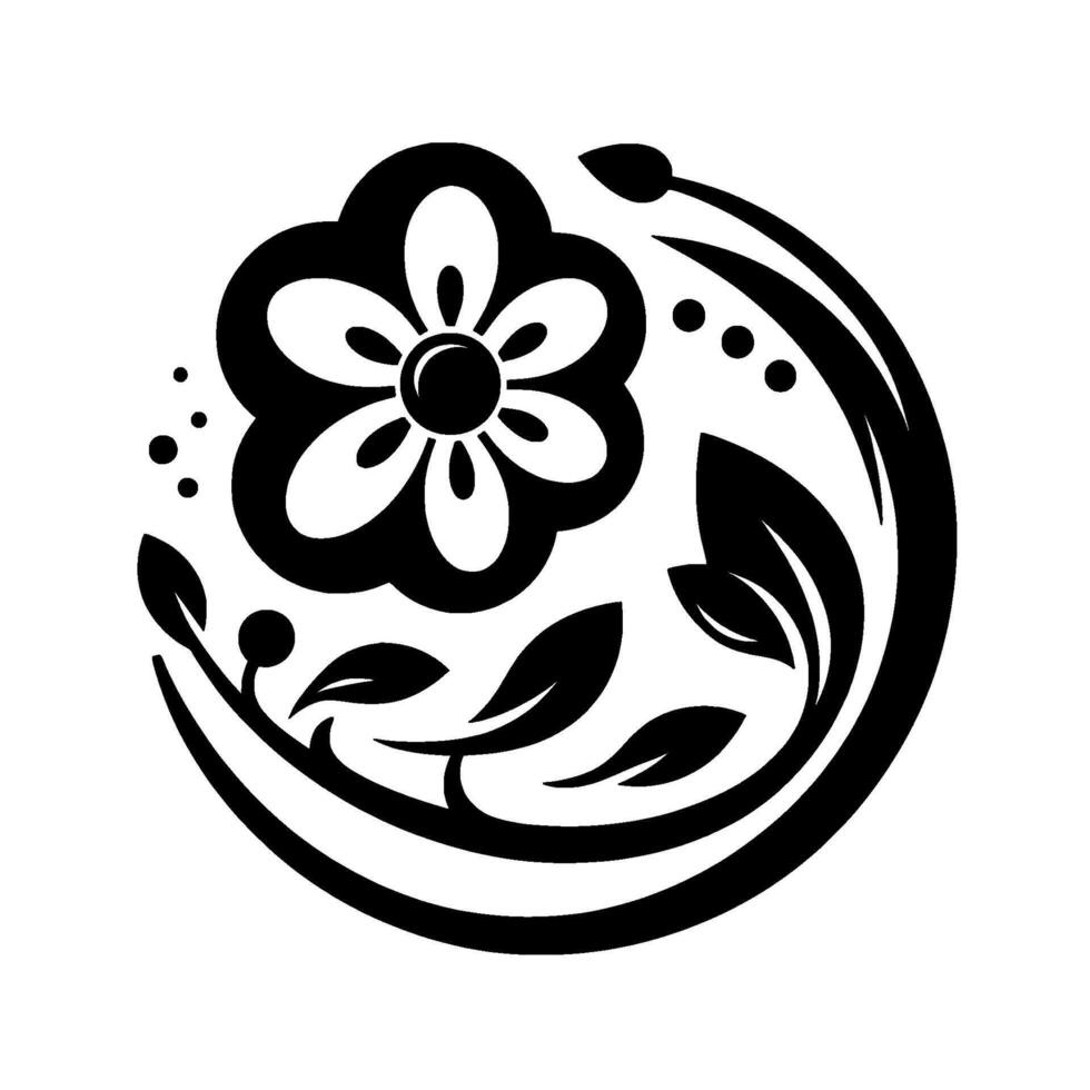 Intricate Black and White Floral in a Circle, Featuring a Central Flower, Leaves, and Dots, Emphasizing Organic Shapes and Symmetry. vector