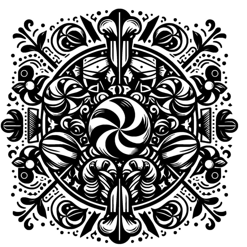Intricate Black and White Ornamental Mandala Featuring Swirl Lollipops, Candied Canes, Floral Elements, and Decorative Patterns. vector