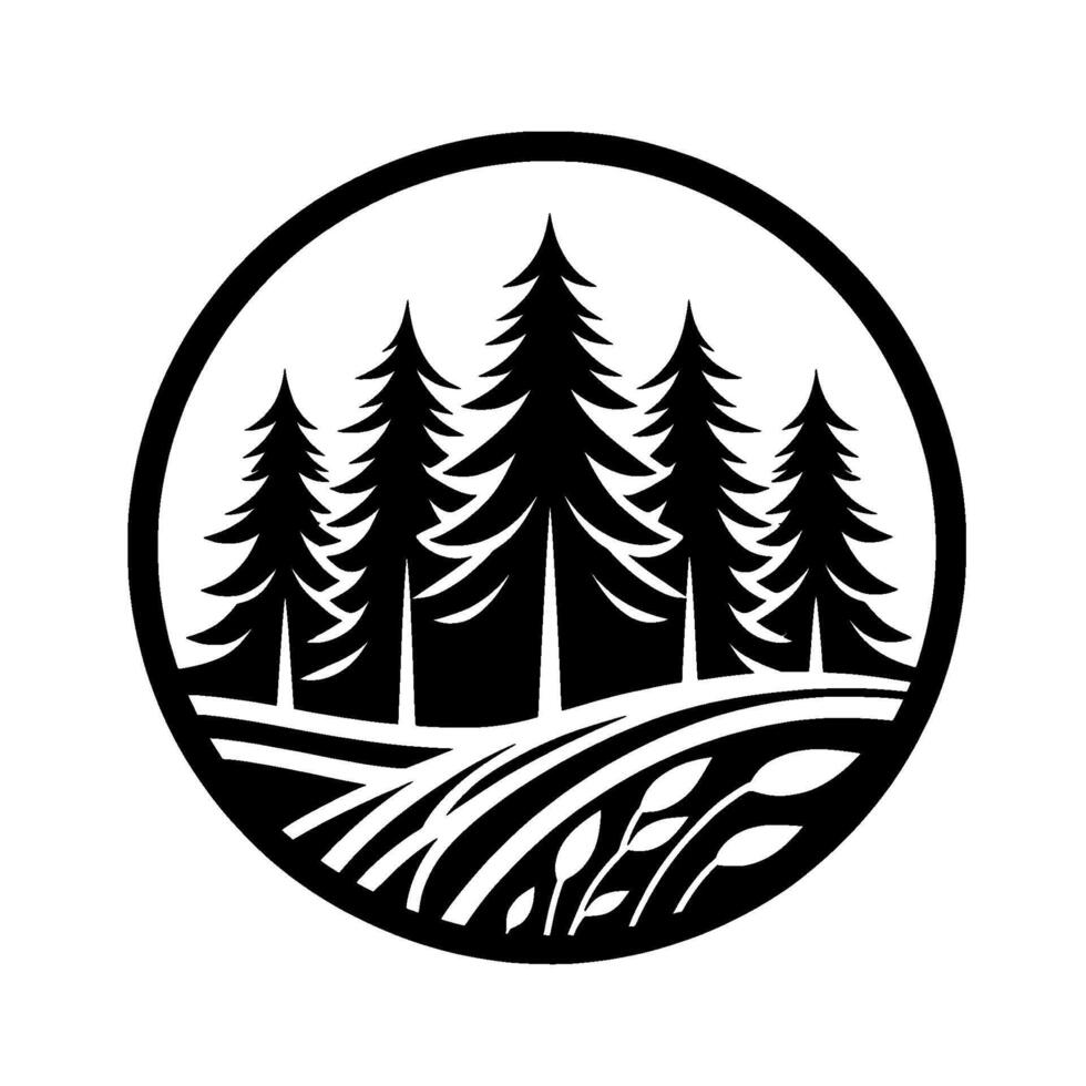 A minimalist circular emblem depicting a black and white silhouette of a forest scene, including pine trees, rolling hills, and wheat stalks. vector