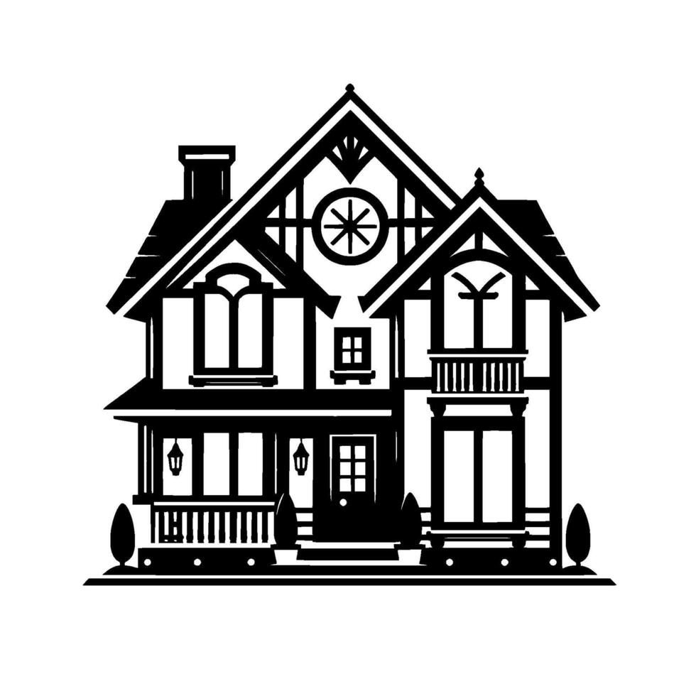 Elegant Black and White VictorianStyle House Silhouette Featuring Dormer, Porch, Decorative Elements, and a Round Window. vector