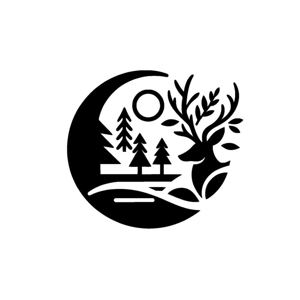 A minimalist black and white circular illustration of a deers head alongside a mountain landscape, sun, and trees, evoking nature and the outdoors. vector