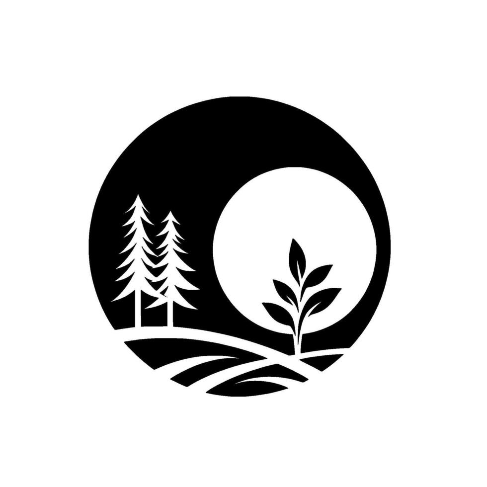 Minimalist black and white circular featuring stylized pine trees, a single plant, rolling hills, and a moon, representing nature. vector