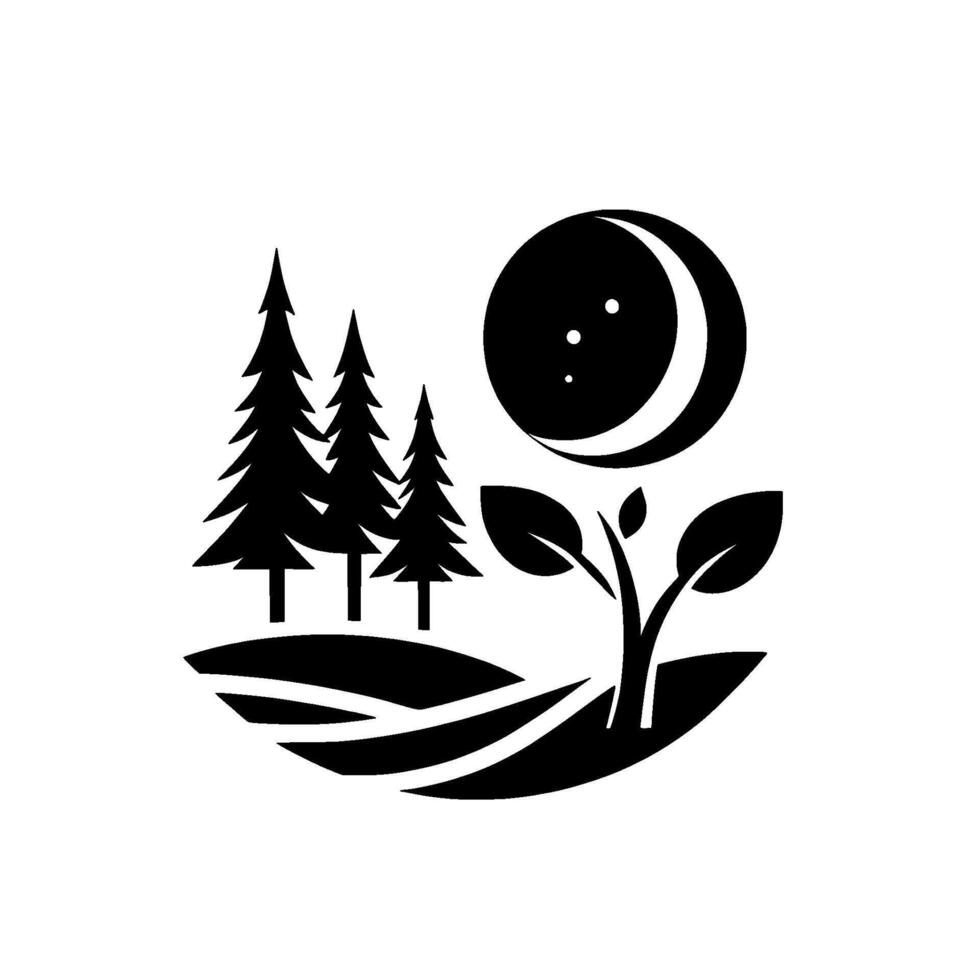 Minimalist monochrome illustration of a moonlit night in a forest, showcasing fir trees, a growing plant, and a crescent moon with stars. vector