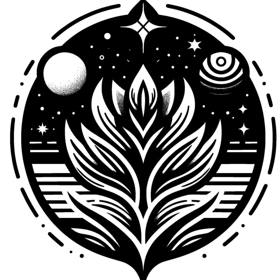 Celestial Bloom A symmetrical, black and white illustration depicting a stylized flower reaching towards a starlit cosmos with planets and constellations. vector