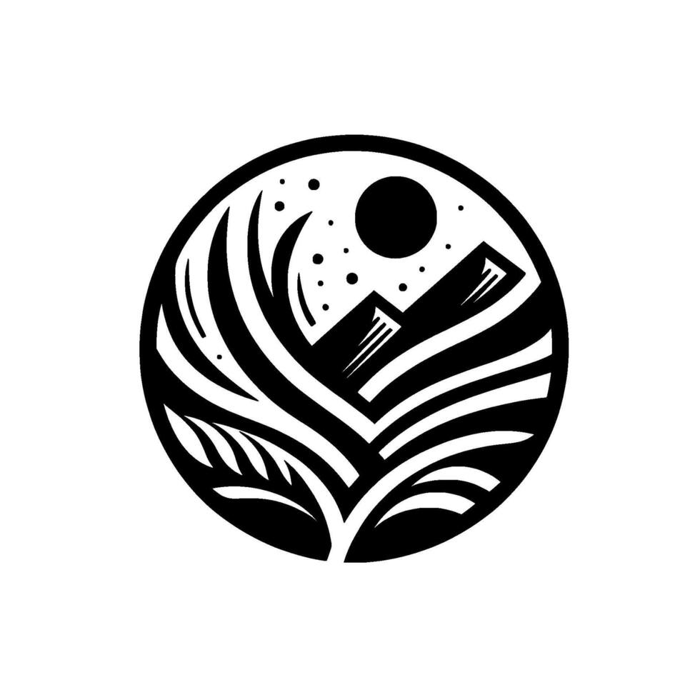 Stylized Black and White Circular Depicting Mountain, Waves, and Leaves Under a Night Sky vector