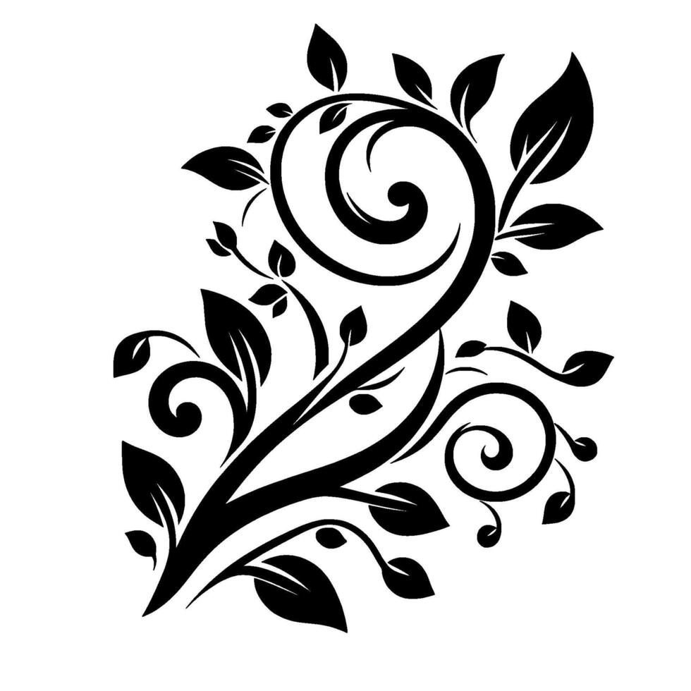 Elegant Black and White Floral Silhouette a stylized vine with swirling tendrils and leaf details against a clean white backdrop. vector