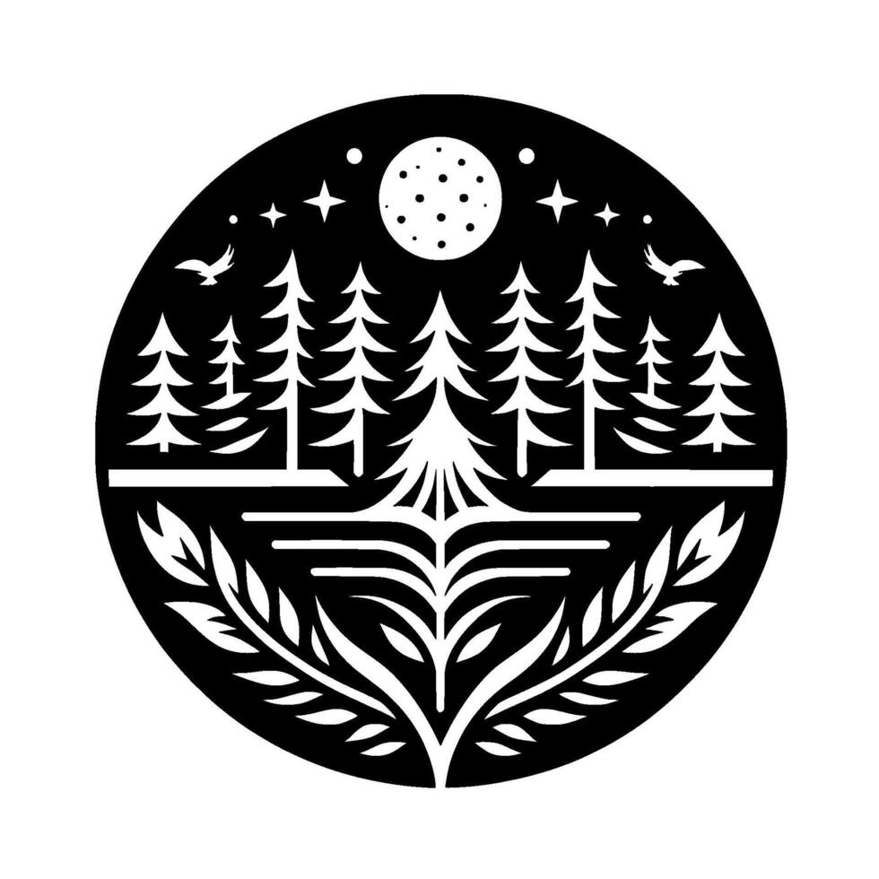 Black and white circular featuring stylized forest, trees, moon, stars, flying birds, and foliage in a minimalist style. vector