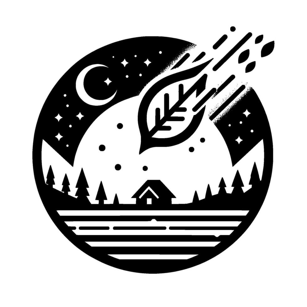 Silhouette of a Leaf Comet Over a Forest Landscape with a House, Moon, and Stars Inside a Circle vector