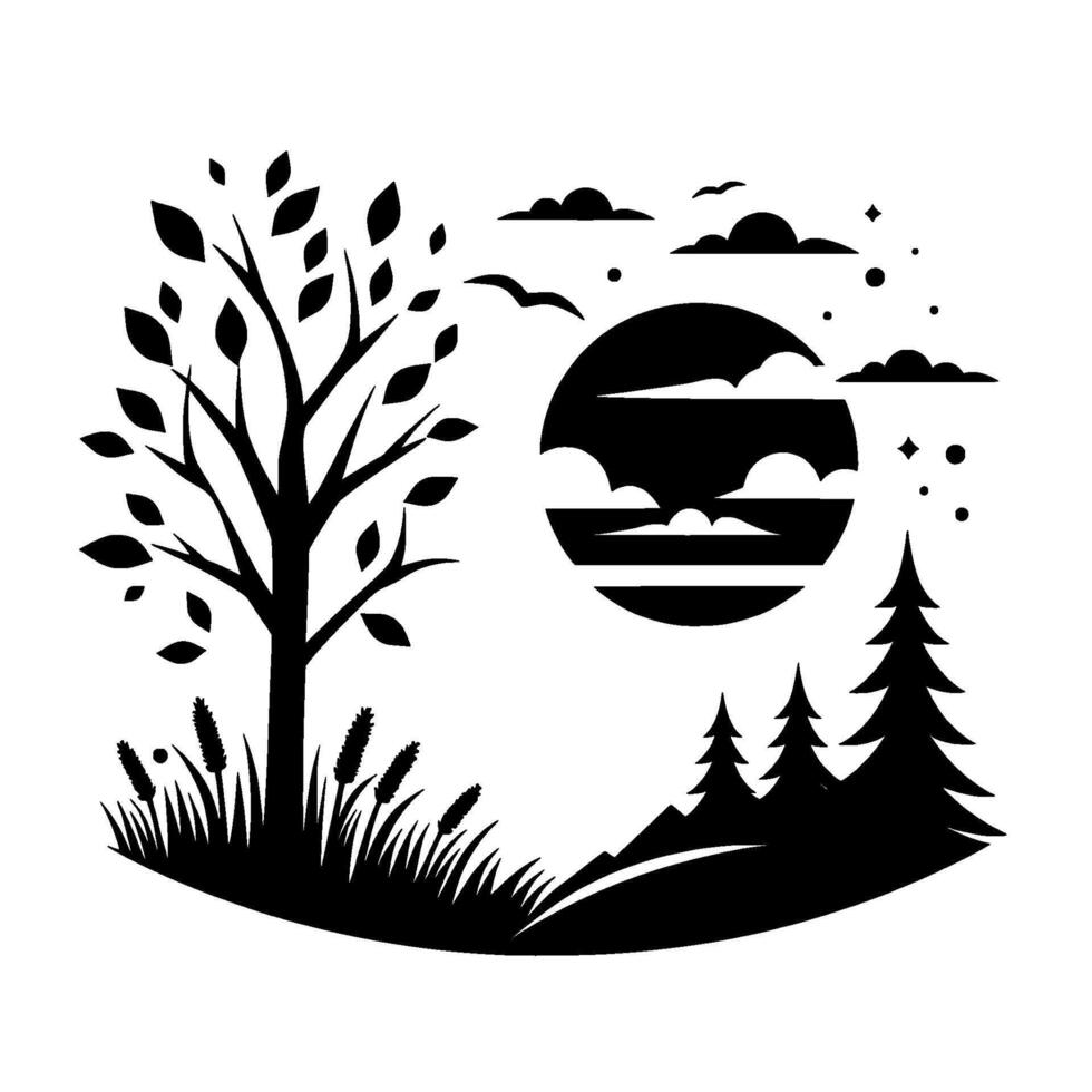 Minimalist black and white illustration of a serene landscape featuring a tree, forest, sun, birds, and stylized clouds, evoking a sense of peace. vector