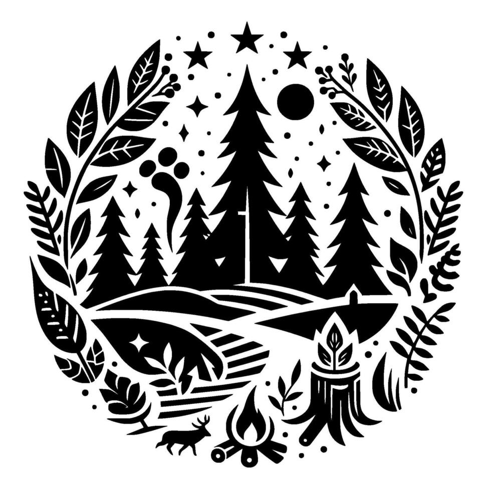 Black and White Circular Illustration Forest Landscape with Trees, Stars, Moon, Deer, Campfire, and Foliage Elements. vector