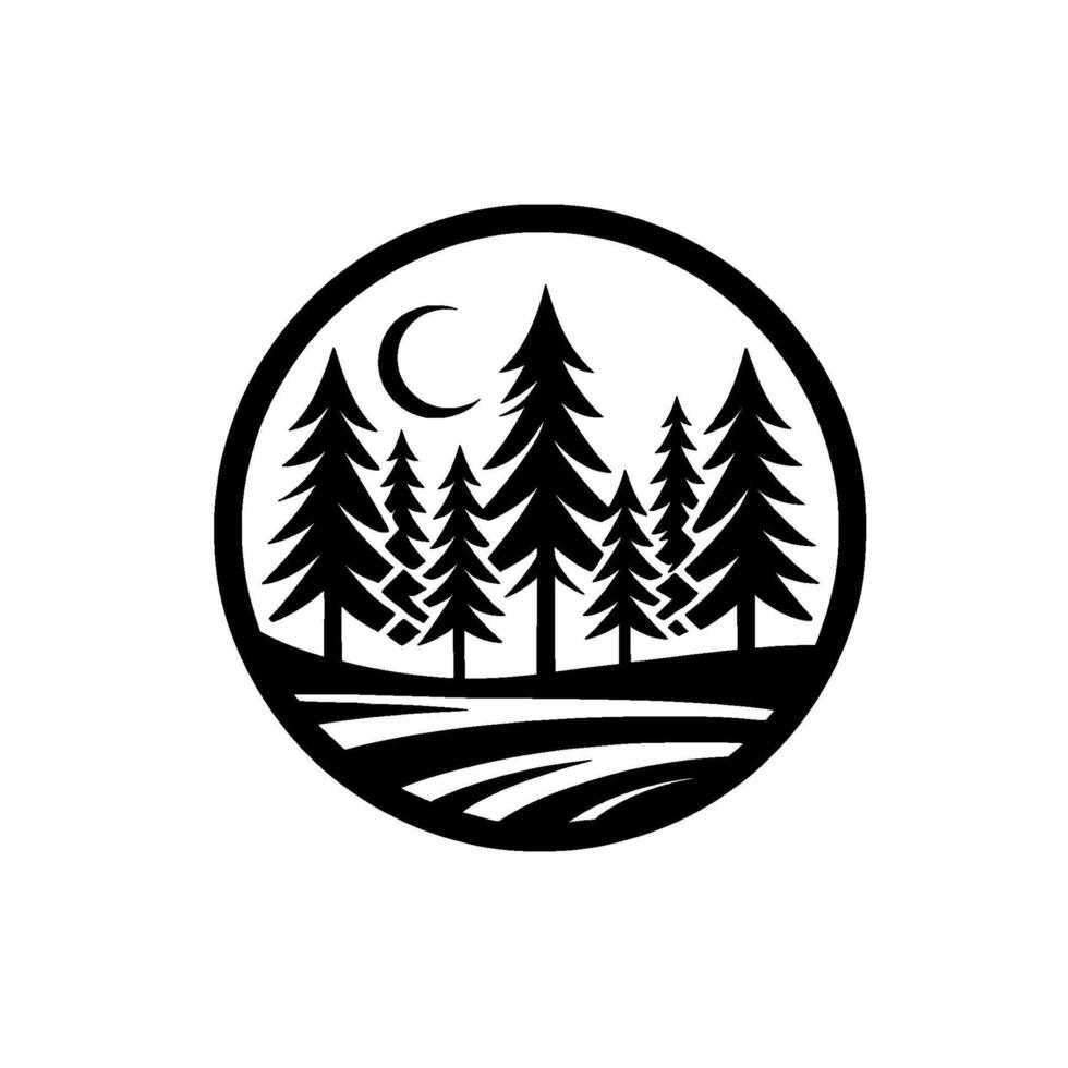 A minimalist, circular depicting a pine forest silhouette under a crescent moon, signifying wilderness, nature, and peaceful solitude. vector
