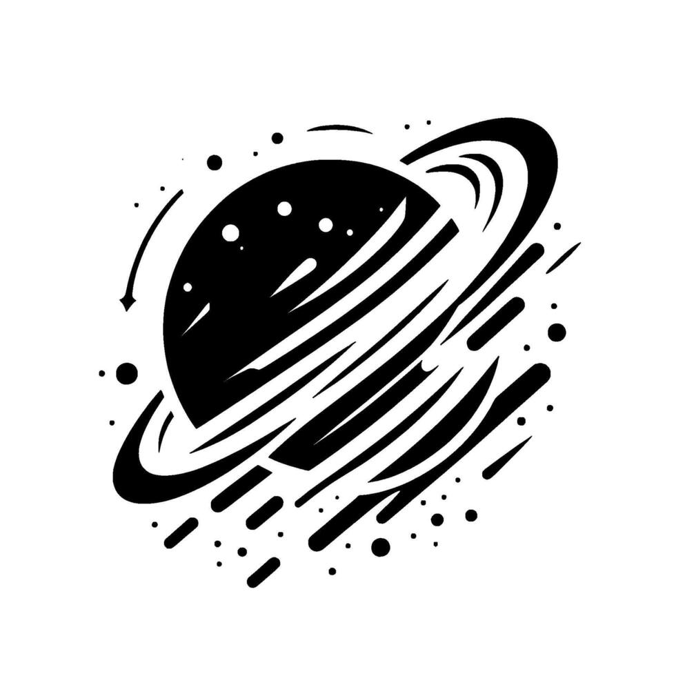 Abstract Black and White Illustration of a Saturnlike Planet with Rings, Asteroids, and Motion Lines, Set Against a White Background. vector
