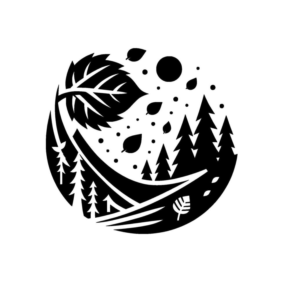 Stylized Black and White Nature Illustration Circular Featuring Forest, Falling Leaves, and Celestial Sphere vector