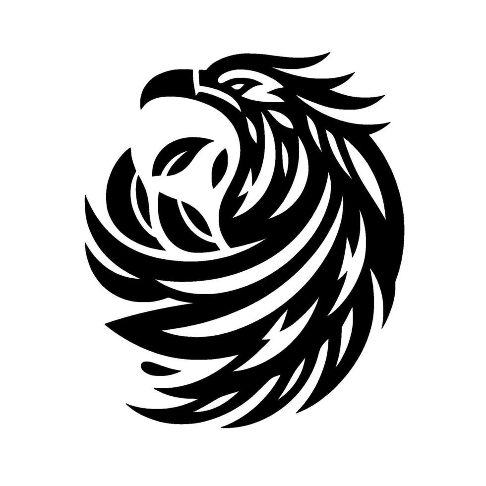 Bold Black and White Eagle Head Emblem with Abstract Feathered , Leaf Accents on a Clean White Background. vector