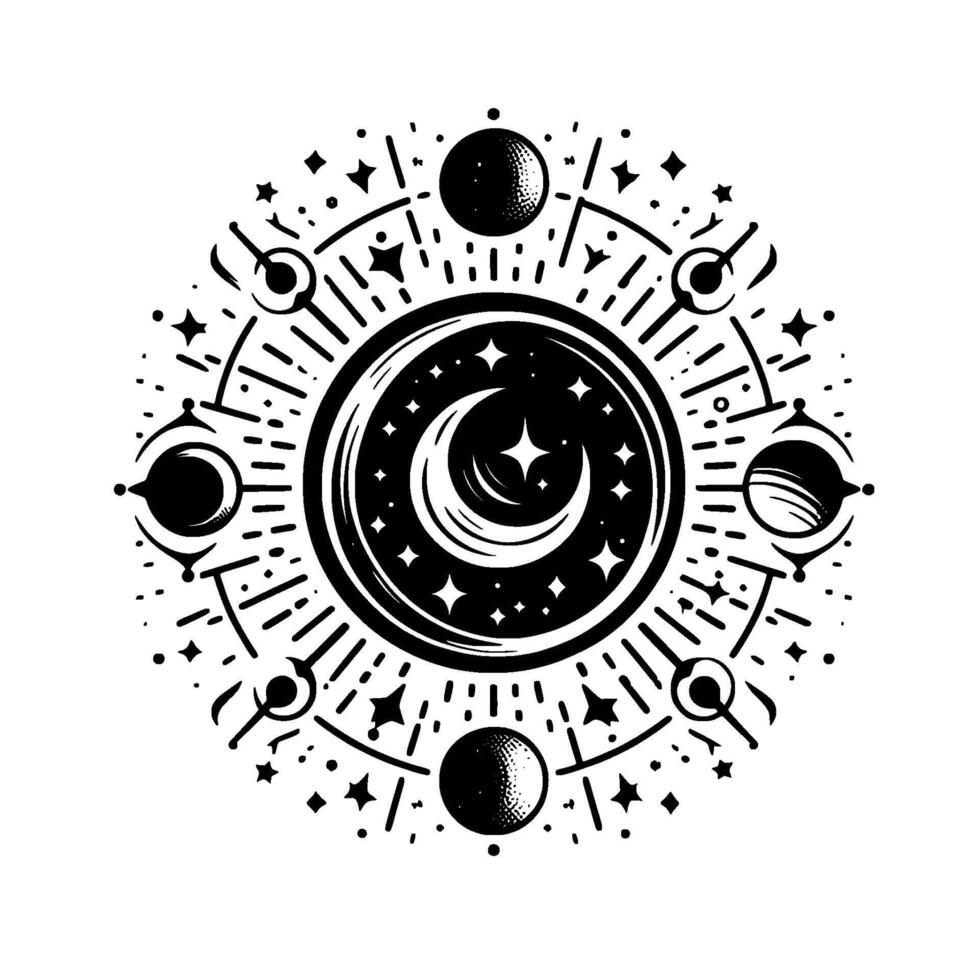 A celestial mandala depicting moon phases, stars, and planets in a symmetrical, monochrome , evoking cosmic harmony and mystery. vector