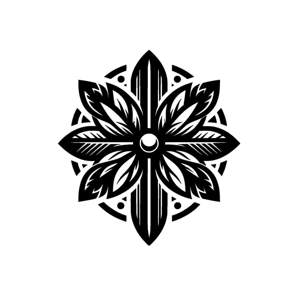 Intricate black and white symmetrical floral , featuring layered leaves and a central orb within a circular frame, evoking patterns found in nature and decorative art. vector