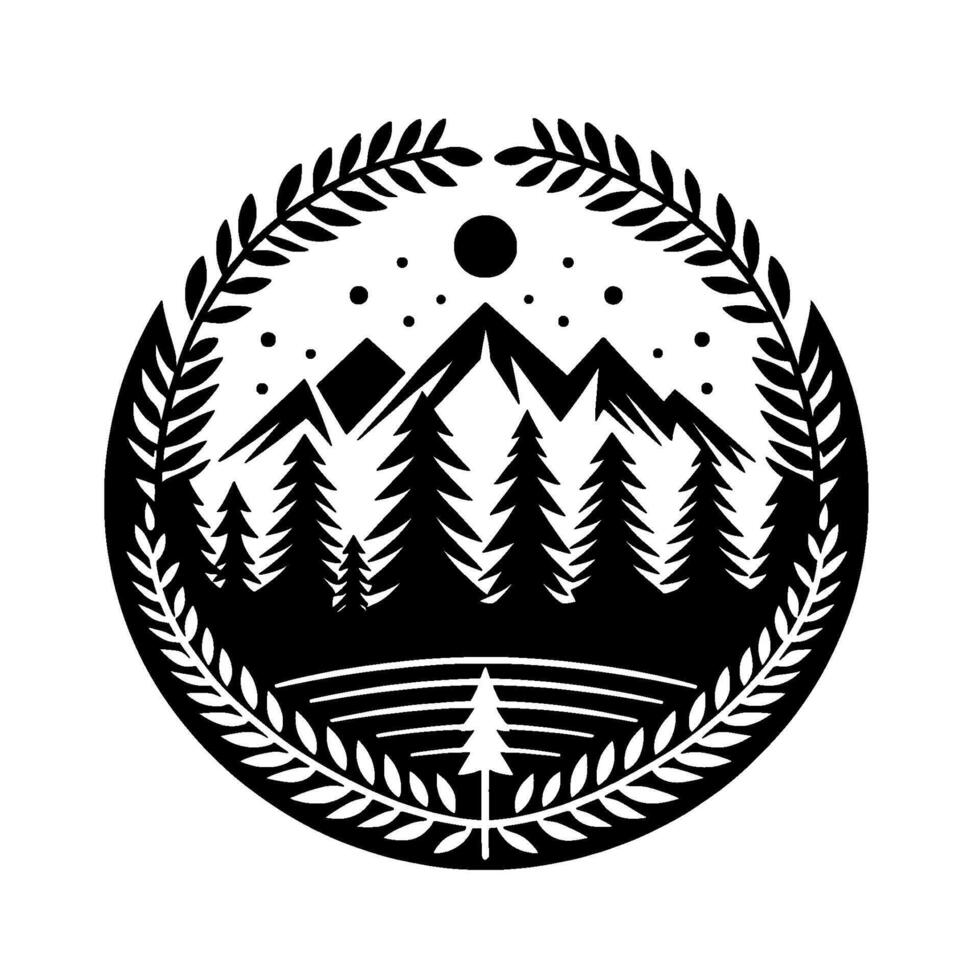 A black and white nature emblem, showcasing a mountain range and forest within a circular leafy border, suggesting wilderness and tranquility. vector