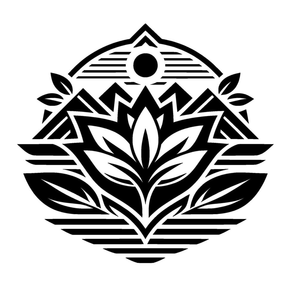 Monochromatic symmetrical emblem featuring a stylized lotus flower, mountains, sun, and foliage, rendered in a minimalist, geometric . vector
