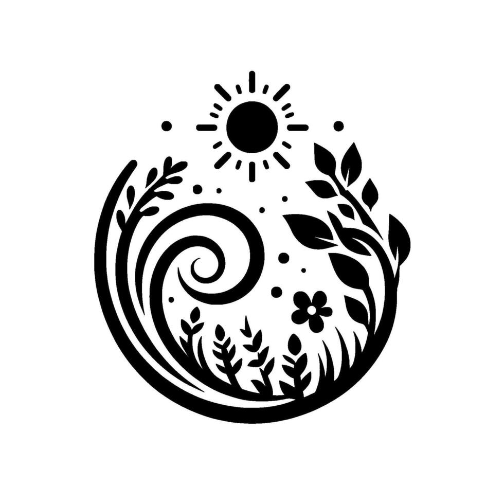 Stylized black and white nature scene, illustrating a sunlit floral and leafy landscape within a circular frame. vector