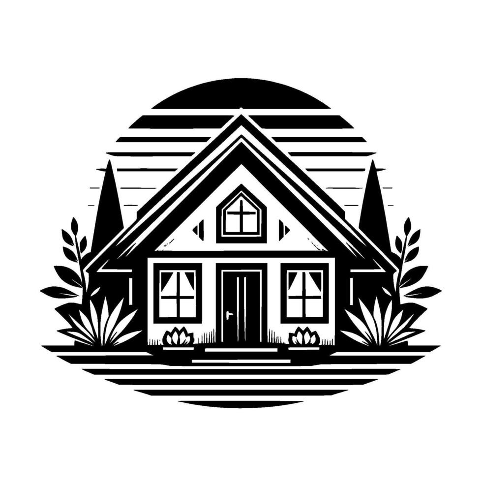 A monochrome illustration of a charming gableroofed house nestled within a striped circle, accented by stylized trees and floral elements. vector