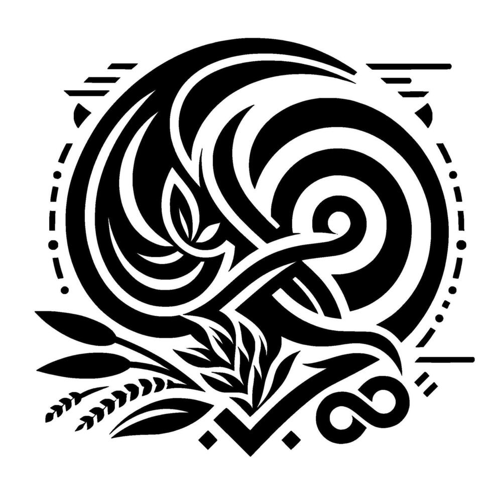 Intricate Celticinspired black and white artwork featuring swirling patterns, stylized leaves, and geometric accents within a circular frame. vector