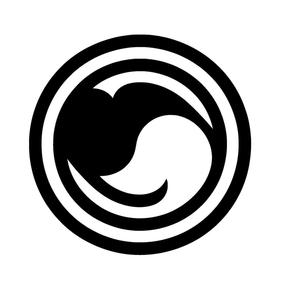A minimalist, symmetrical yinyang inspired featuring a swirling, fluid form contained within concentric black and white circles on a clean, white background. vector