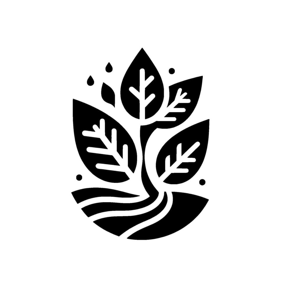 A minimalist black and white illustration of a plant with leaves, a stem and water droplets in a soillike base, suggesting growth. vector