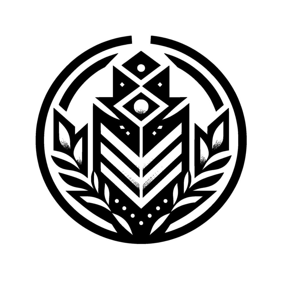 Intricate Black and White Geometric Tribal within a Circle, featuring stylized leaves and an eye motif, conveying a sense of balance and sacred geometry. vector