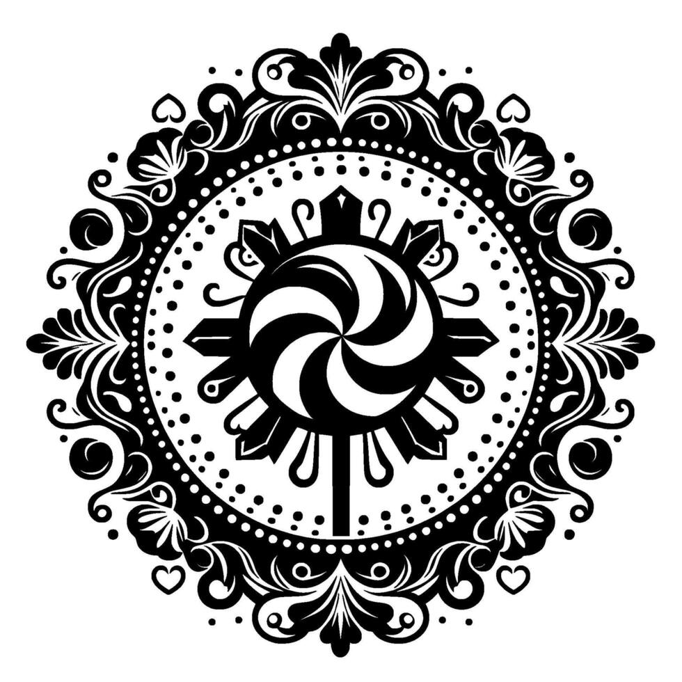 Intricate Black and White Mandalalike with Swirls, Floral Elements, and Radial Symmetry. vector