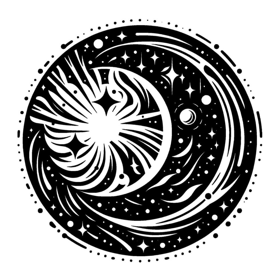 Intricate black and white celestial mandala featuring a crescent moon, stars, and radial burst elements, evoking cosmic energy and balance. vector