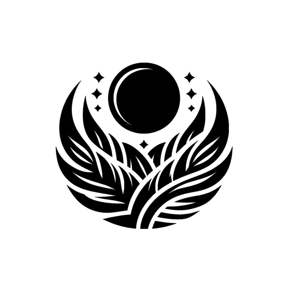 A stylized, monochrome emblem features a central dark circle, with stylized plant fronds rising beneath and diamonds surrounding a full moon. vector