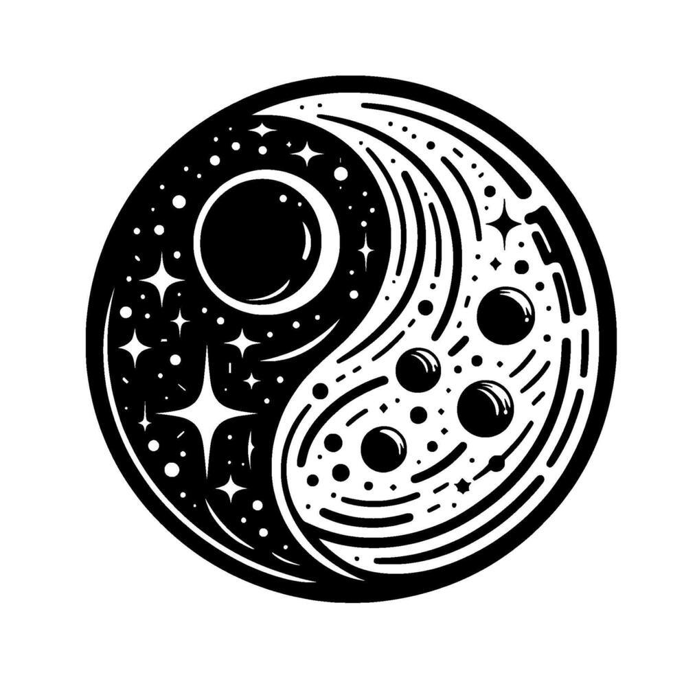 Yin Yang Cosmology Cosmic harmony rendered in black and white, depicting celestial bodies and stellar patterns within a balanced, circular composition. vector