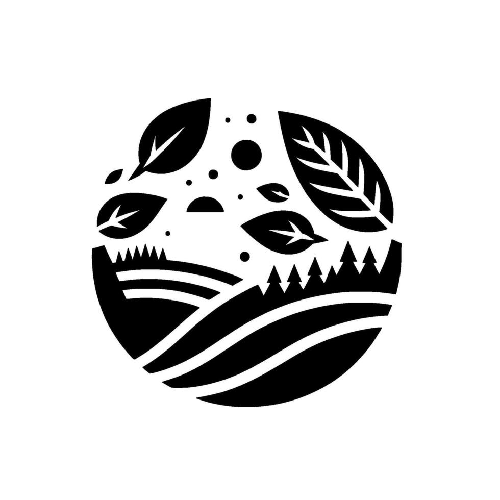 Abstract black and white circular nature illustration depicting a stylized landscape of rolling hills, trees, and floating leaves. vector